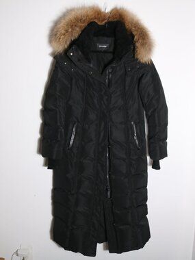 Mackage Jada Duck Down Coat Large Black Hooded Fur Trim Maxi Long Puffer Parka